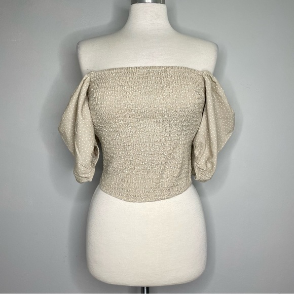 ABERCROMBIE & FITCH Polka Dot Off Shoulder Smocked Tube Top - Picture 1 of 9